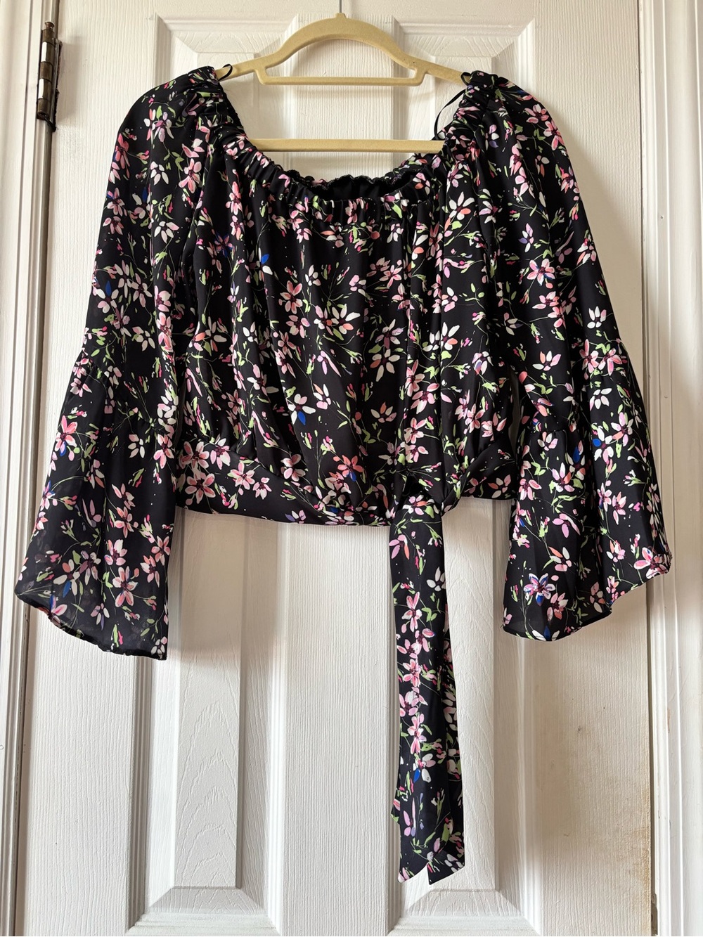 Parker Black Floral Off-Shoulder Tie-Front Blouse